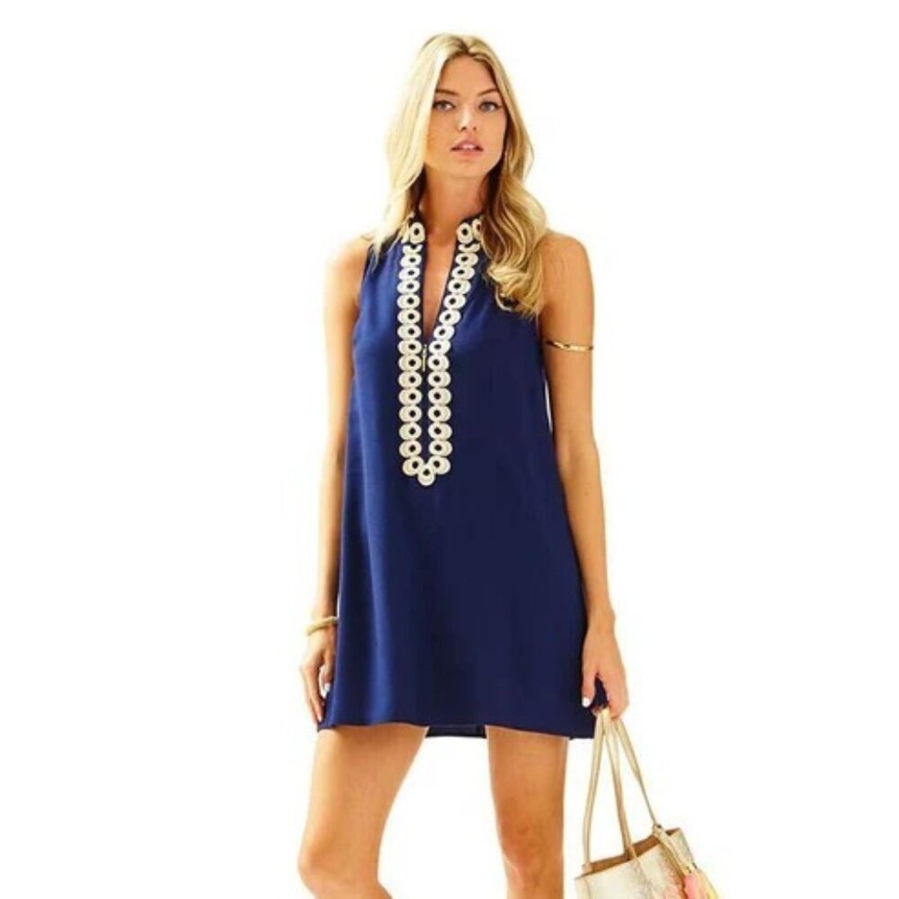 Lilly Pulitzer Navy Blue Gold Embroidered‎ Sleeveless Shift Dress Size 0